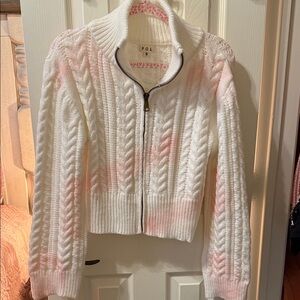 POL White Cable-Knit Zip Cardigan with Soft Pink Accents